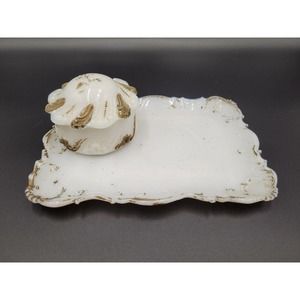 ATQ Milk Glass Vanity Tray Powder Trinket Box Victorian #513 Gold Tone Trim